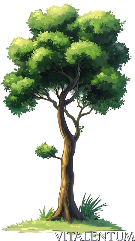 Stylized green tree illustration with sunlit foliage.