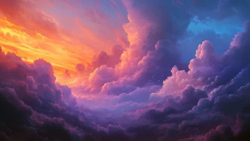 Luminous sunset clouds in cinematic digital sky panorama.