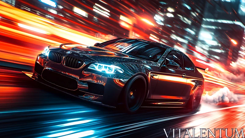 Neon storm sedan slicing through electric city midnight streets.