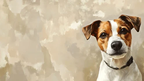 Digital painting portrait of alert terrier on neutral ground.