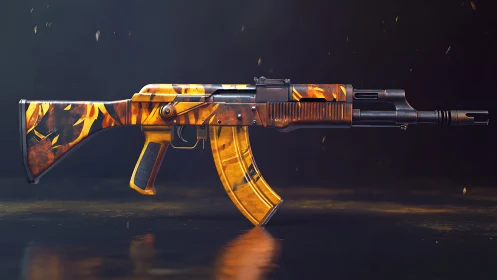 Tiger-Pattern AK Rifle with Procedural Fire Skin Texture. 3D Render.