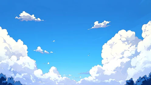 Expansive blue sky with towering cumulus clouds above horizon.