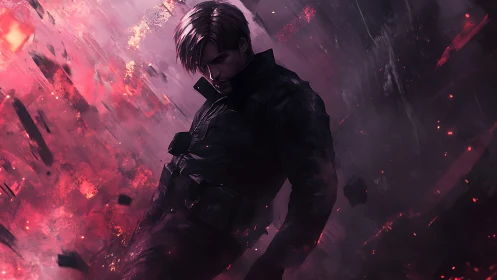 Stoic male fighter in red abstract digital chaos background.