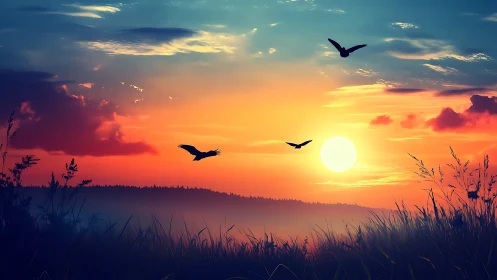 Sunset sky silhouettes three birds above twilight grassland