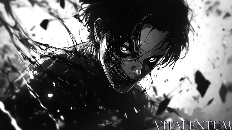 Sinister anime entity emerges from swirling monochrome chaos