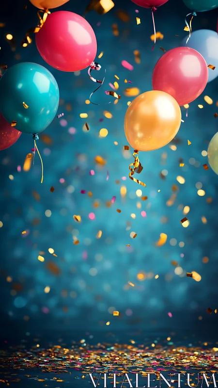 Polychromatic Balloons with Confetti Cascade Against Deep Teal Background