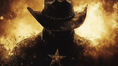 Silhouetted cowboy figure with star badge in golden haze.