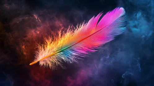 Iridescent feather floats in high-contrast, spectral vapor field