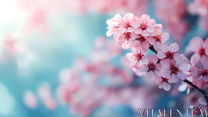 Pink blossoms clustered on branch with blue bokeh background.