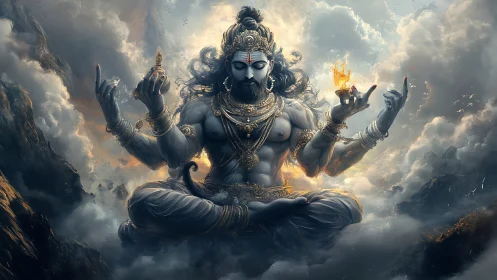 Mythic sky deity levitates in stormlit mountainscape.