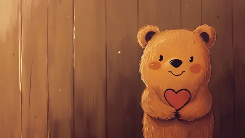 Gentle teddy bear offers a warm heart against wooden wall