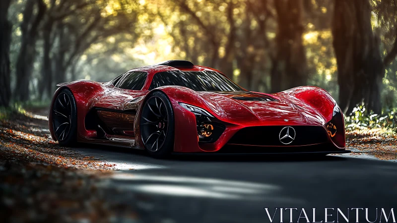 Photorealistic red hypercar under dappled forest canopy light.