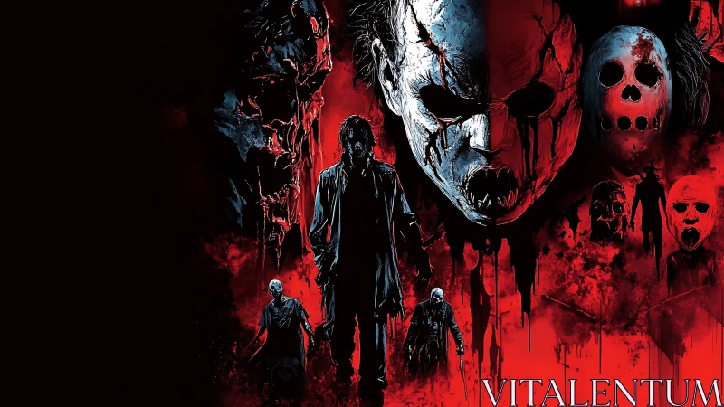 Mask of dread looming over blood-red nightmare tableau.