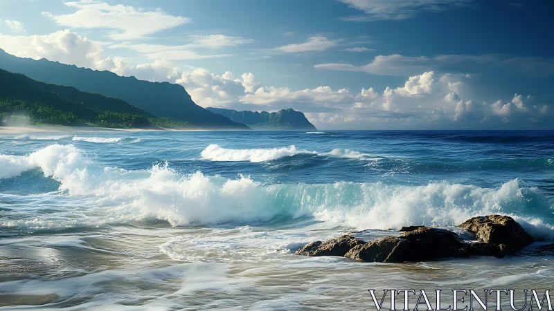 Dynamic coastal surf against lush volcanic headland at dusk