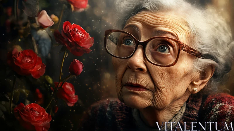 Elderly woman with glasses gazing beside red roses.