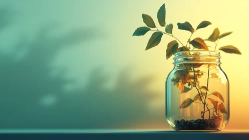 Gentle green sprig glowing softly inside a sunlit glass jar.