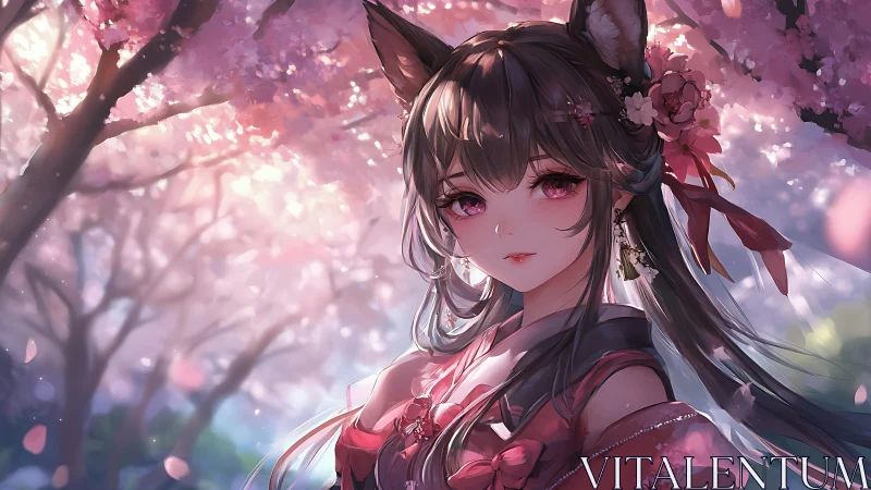 Fox eared anime girl stands under pink cherry blossoms