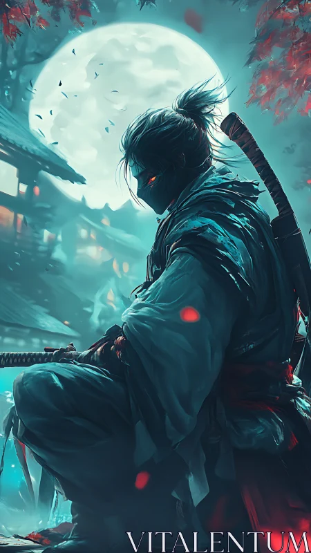 Lunar-backlit spectral samurai with ember-lit ocular focus.