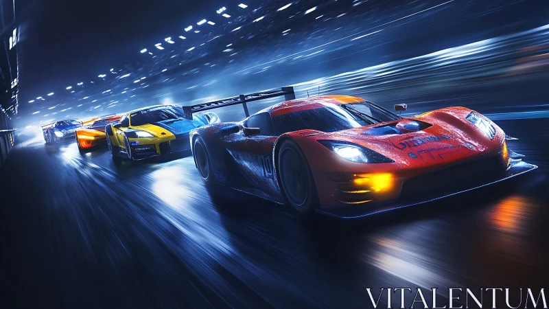 Neon night racers chasing the finish line in the rain.