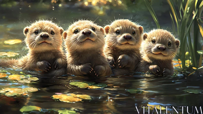 Four baby otters grouped in shallow sunlit pond water.