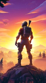 Sunset battle royale soldier overlooking vivid valley.