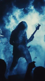 Silhouetted rock guitarist commands stage through blue smoke.