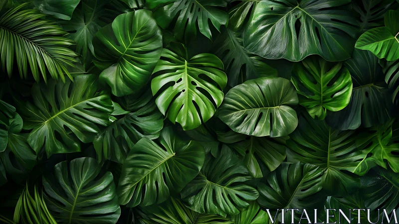 Dense overlapping monstera foliage with high-gloss specular lighting