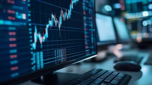 Multi-monitor trading workstation displays candlestick market analytics