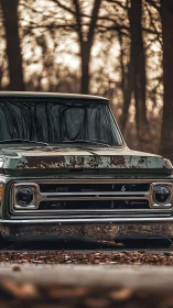 Rust patina classic pickup truck in quiet autumn forest.