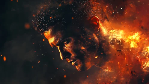 Intense male portrait dissolving into fiery glowing embers.