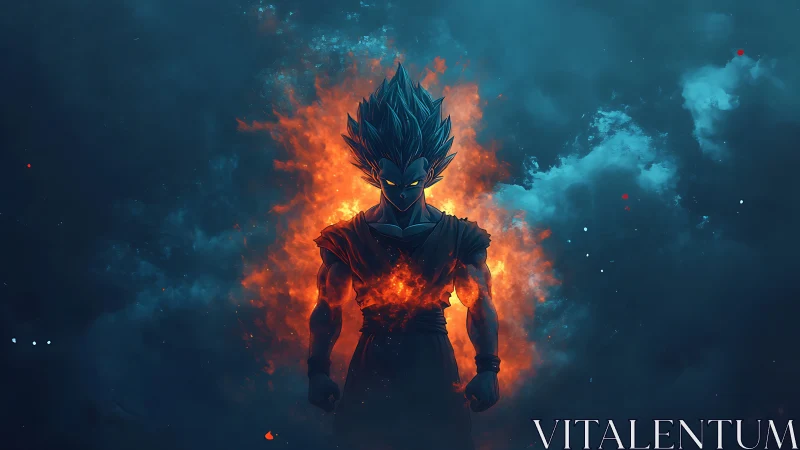 Fiery warrior glows with power in a stormy night sky.