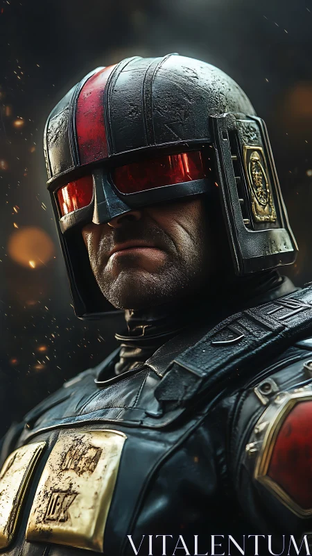 Battle-hardened future lawman glares through ember-lit dusk