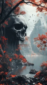 Colossal cliffside skull cavern above misted lake in crimson gorge