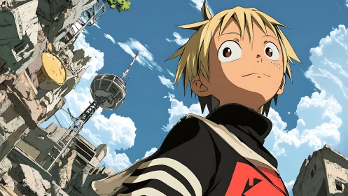 Youthful wanderer surveys ruined city in dynamic anime perspective
