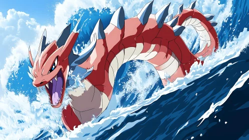Red sea serpent creature emerging from ocean waves.