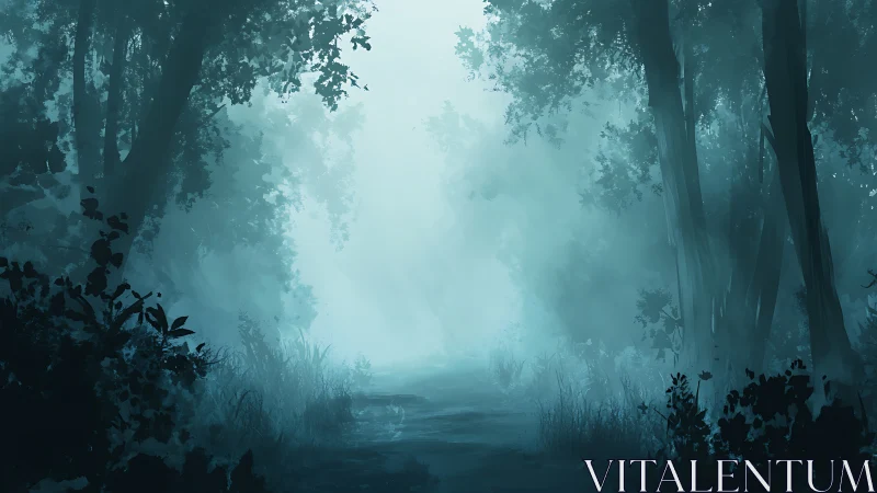 Misty Forest Path Through Towering Trees
