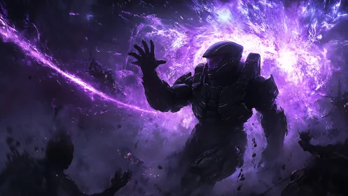Armored voidwalker catching a storm of violet galaxies.
