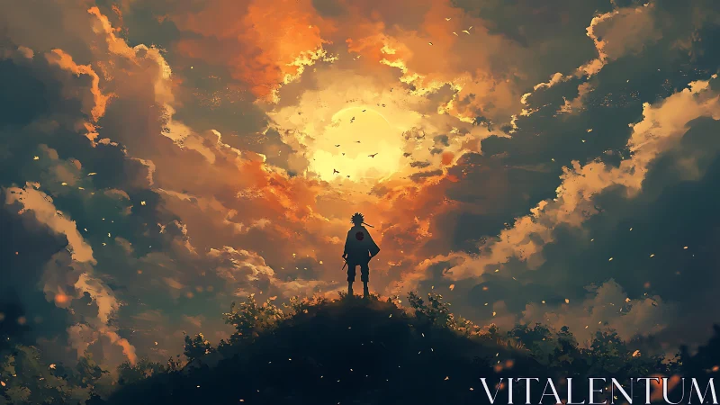 Sunset wanderer standing beneath a sky of swirling light.