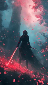 Swordbearer under crimson petals before looming tower.