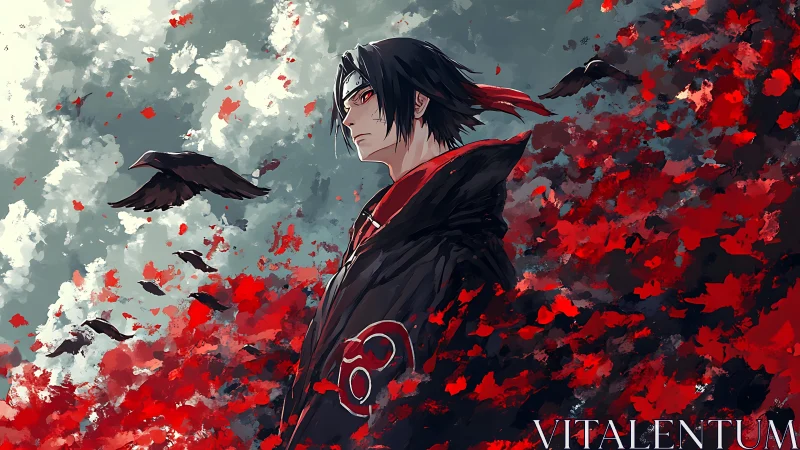 Brooding anime ninja in red cloak amid crows and petals.