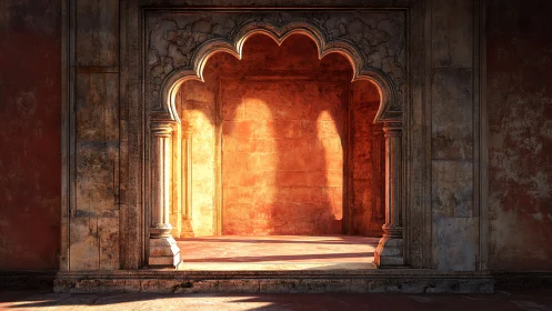 Sunlit arched doorway illuminates a weathered stone hall.