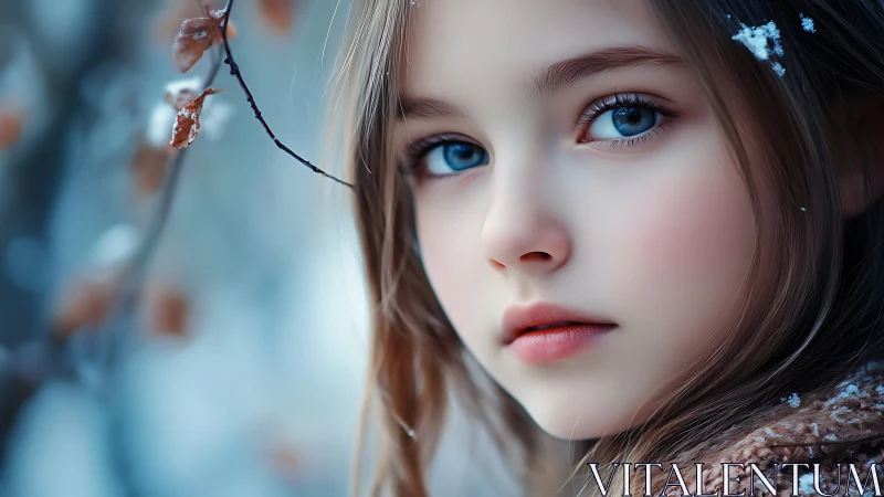 Winter-Kissed Youth: Ethereal Blue Eyes in Frost Landscape.