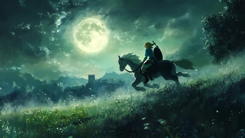 Moonlit rider cuts across misty hills toward dreaming towers
