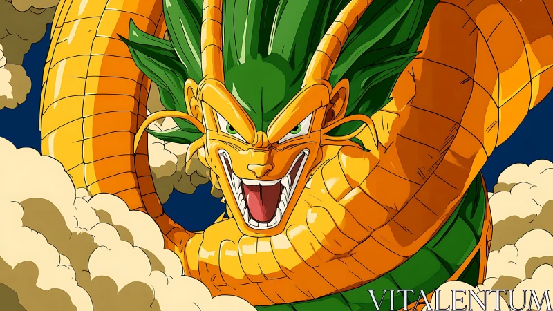 Coiled golden dragon with green mane emerges through clouds