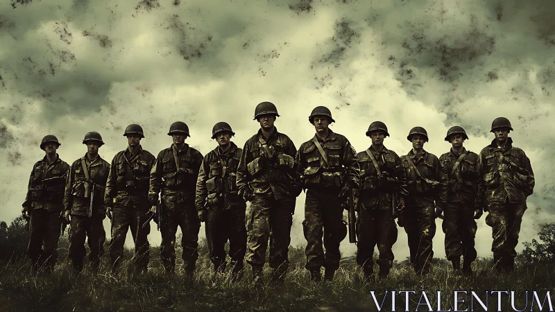 Row of infantry soldiers stands in formation under cloudy sky