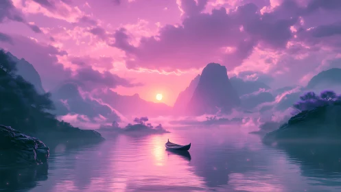 Violet dusk boat drifts across misty mountain lake horizon.