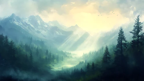 Ethereal Mountain Valley: Atmospheric Mist Through Pine Forest