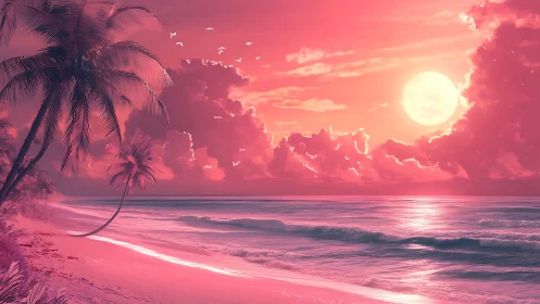 Dreamy pink shoreline under a glowing tropical moon.