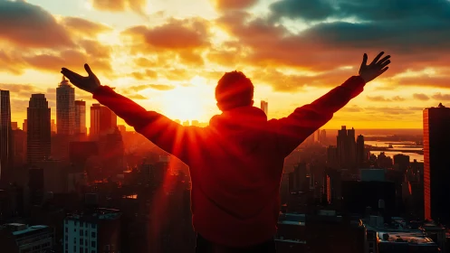 Sunrise triumph over the glowing city skyline horizon.