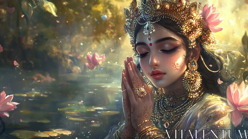 Ornate goddess portrait in lotus pond with volumetric golden light